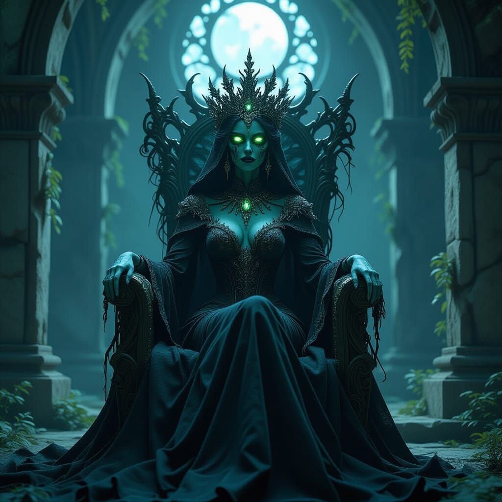 Zombie Queen in Decaying Art Nouveau Finery on Spectral Thro...