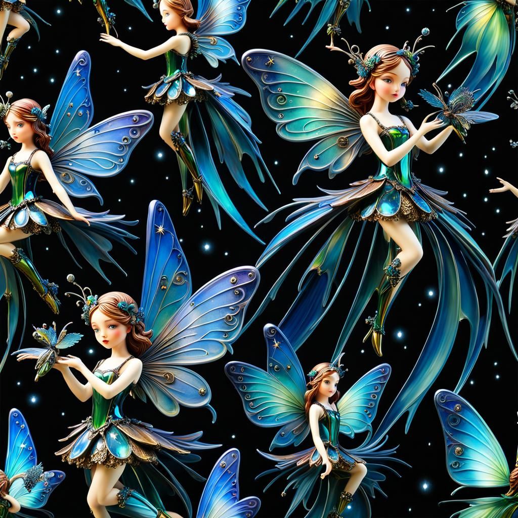 Enameled Glass Fairies in Fractal Retrofuturism Style