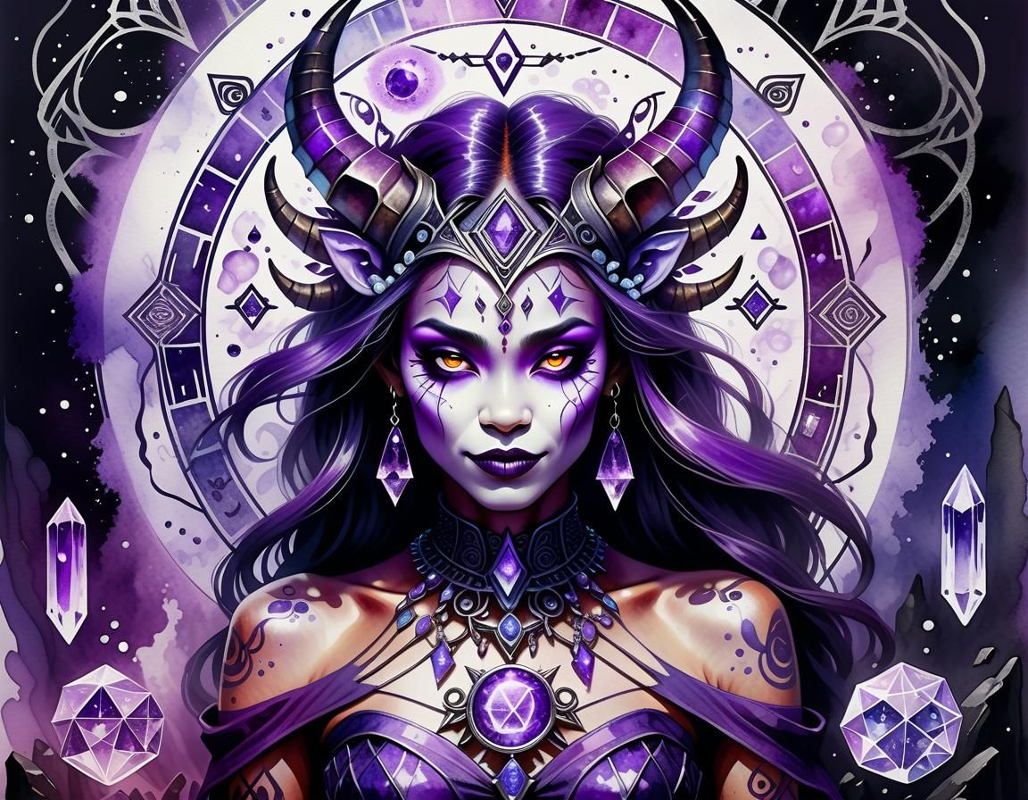 Gothic Demoness Surrounded by Crystals in Watercolour