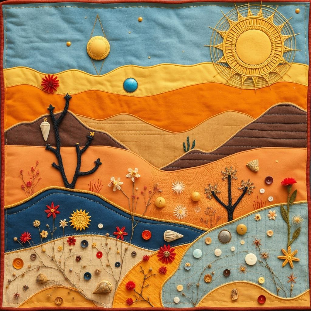 Surreal Desert Tapestry in Warm Hues and Gold Embroidery