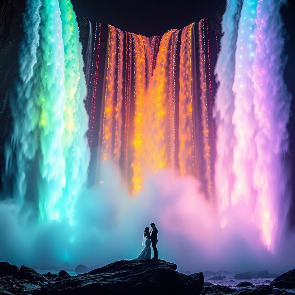 Niagara Falls Illuminated by Garlands, Wedding Couple