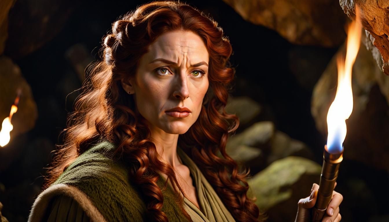 Prehistoric Woman Painting Cave Art by Torchlight