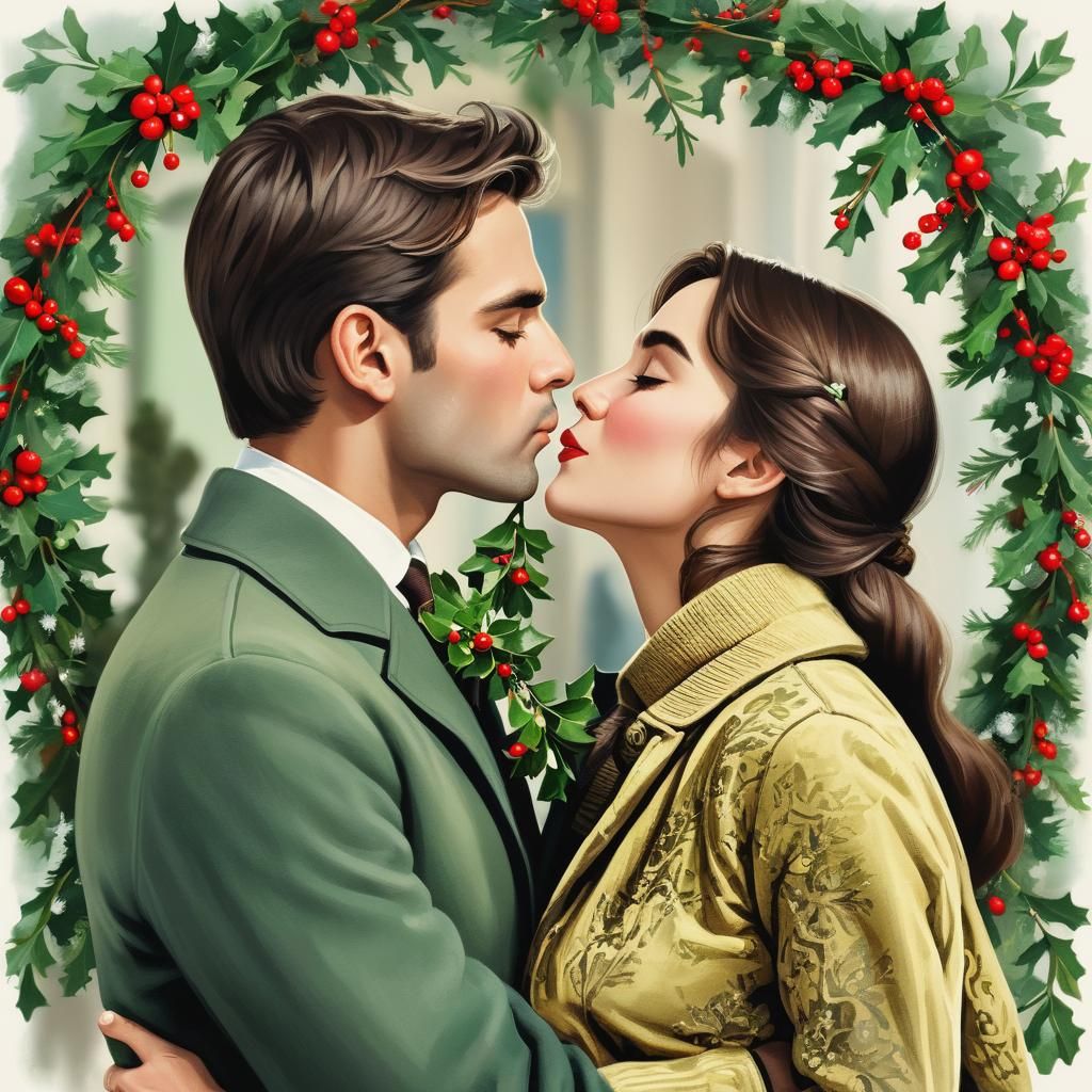 Romantic Christmas Moment Under Mistletoe