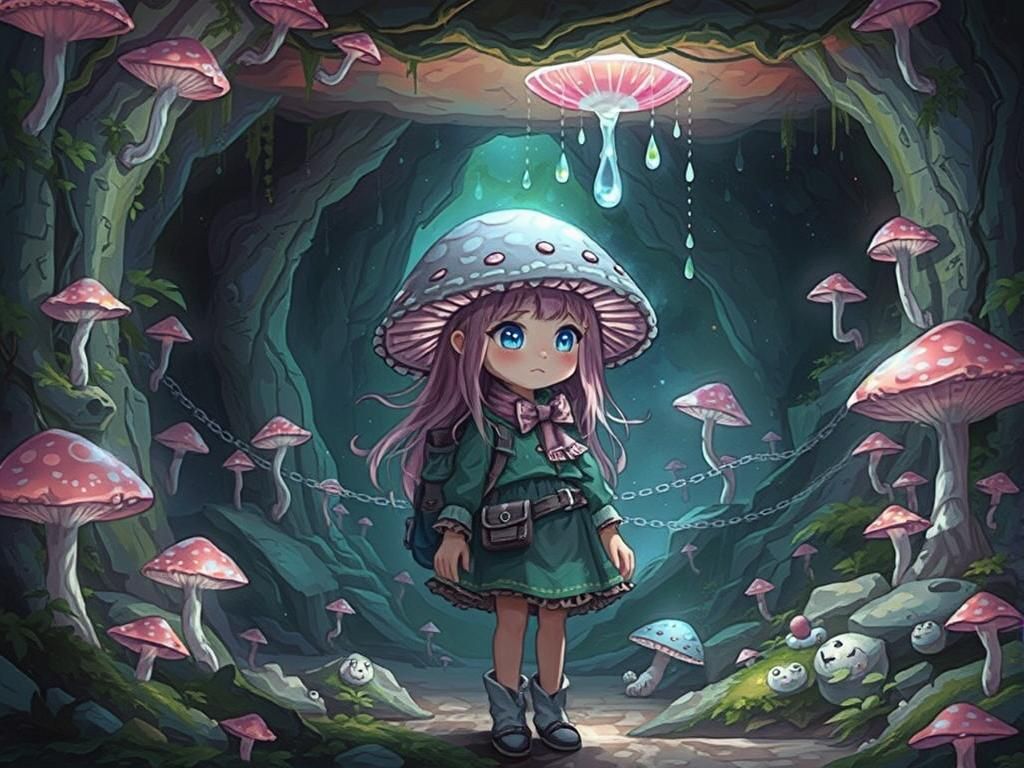 Bioluminescent Mushroom Girl in Fantasy Cave