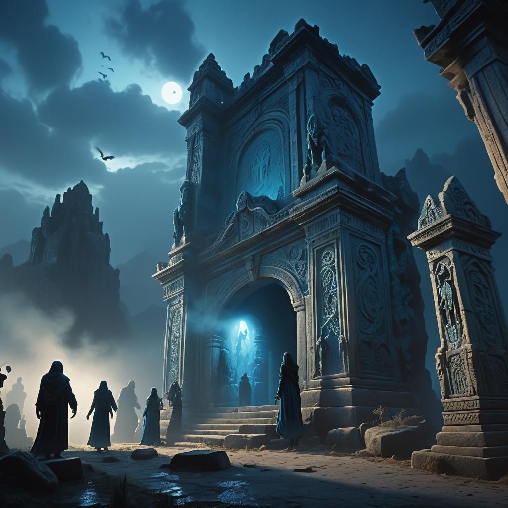 Eerie Tomb Ritual in a Dark, Fantastical Landscape
