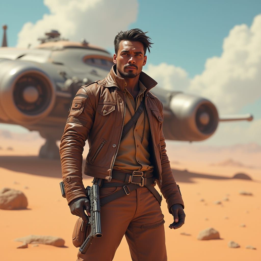 Brown Skinned Smuggler Stands Confidently on Desert Planet i...