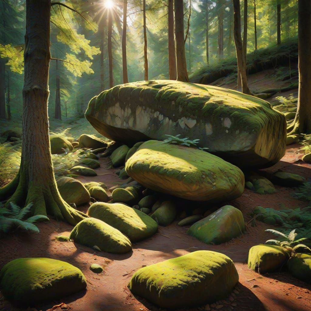 Weathered Boulder in Golden Forest Light