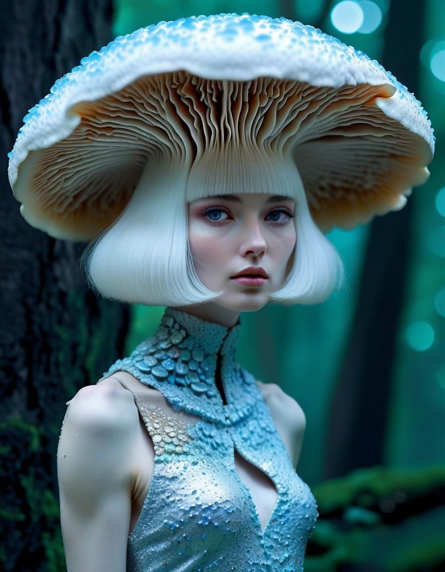 Ethereal Gemstone Mushroom Girl in Enchanted Forest