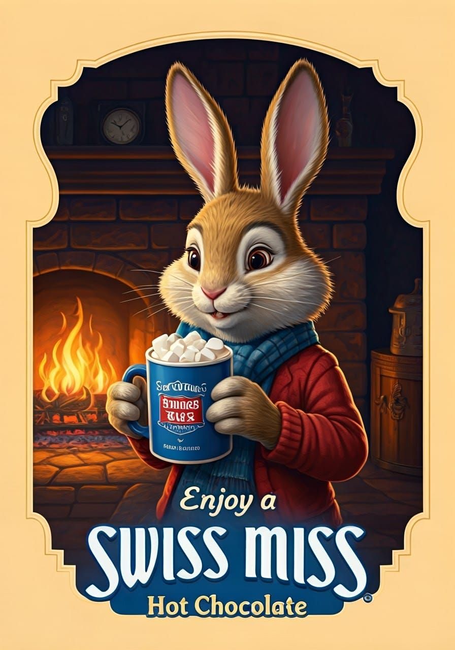 Cozy Rabbit Enjoys Warm Hot Chocolate by Fireplace