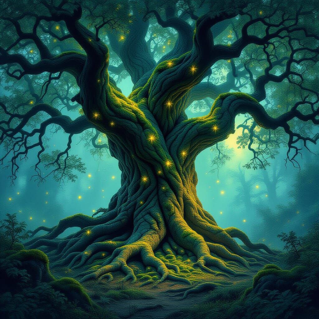 Majestic Ancient Tree with Luminescent Moss at Twilight