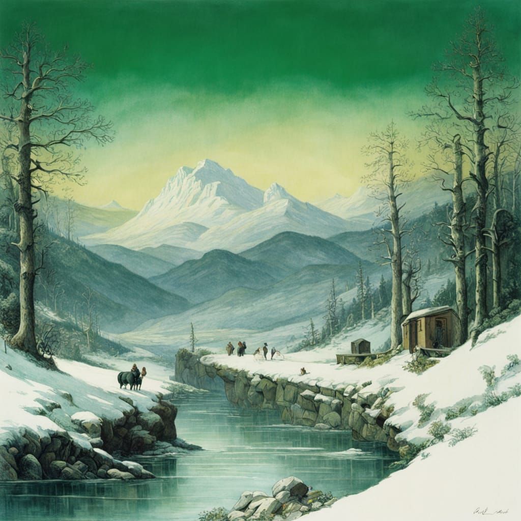 Whimsical Snowy Mountainscape with Romantic Steam Train