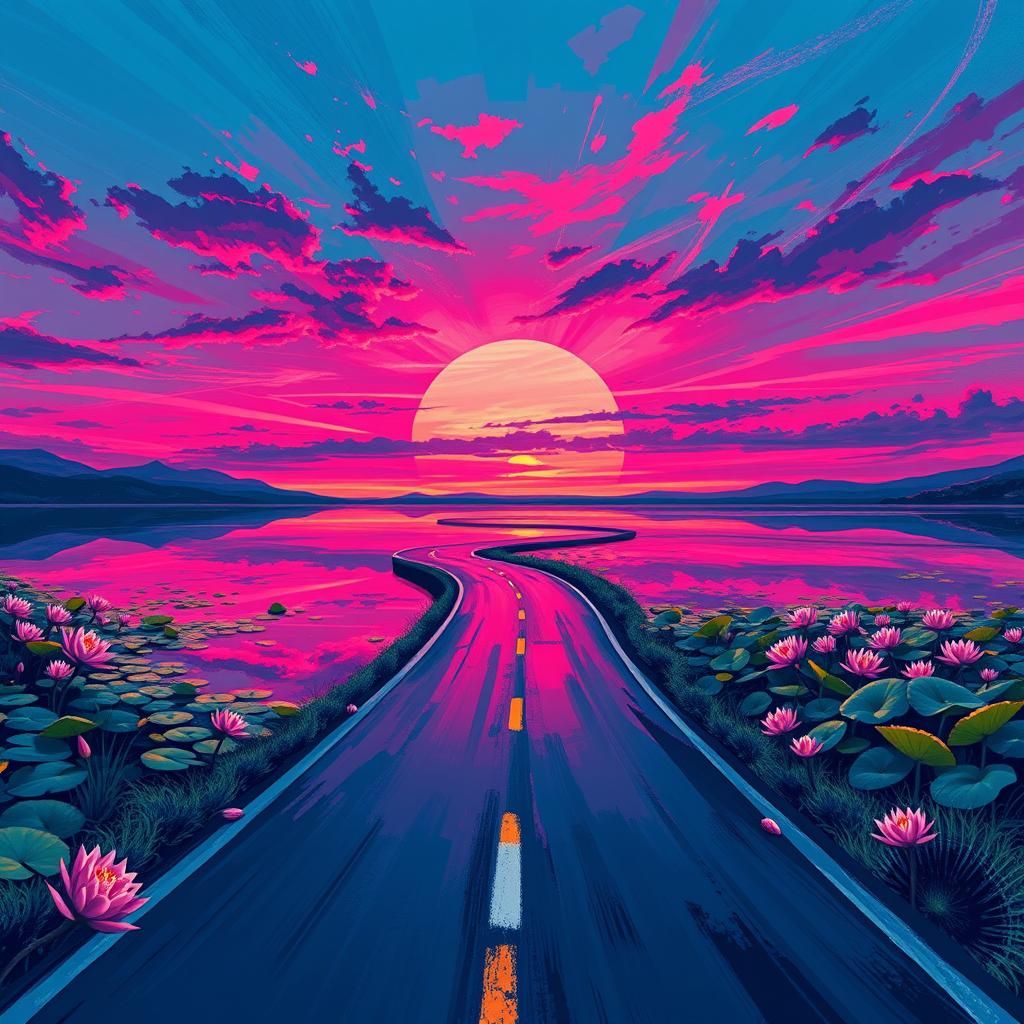 Lake Road at Sunset: A Polychromatic Splash Art Image