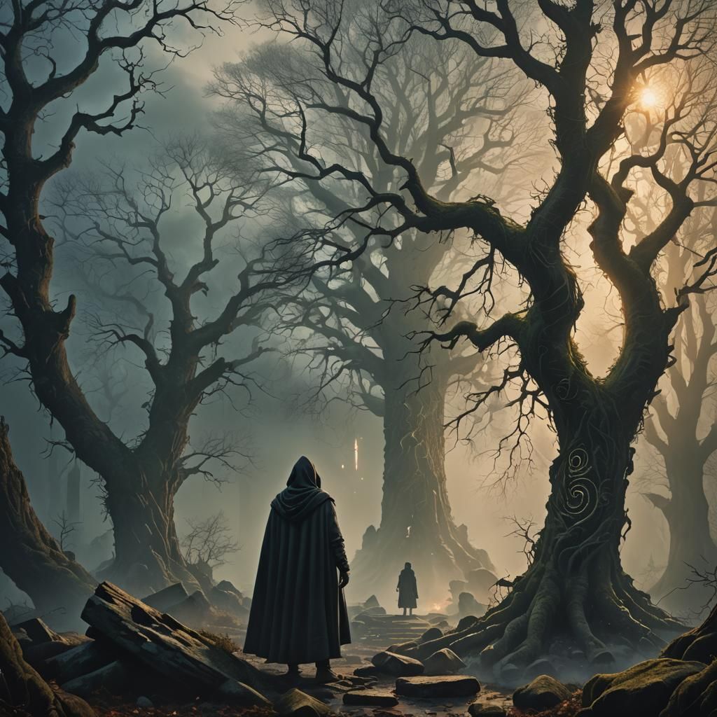 Eerie Hooded Figure in Mystical Dark Fantasy Forest