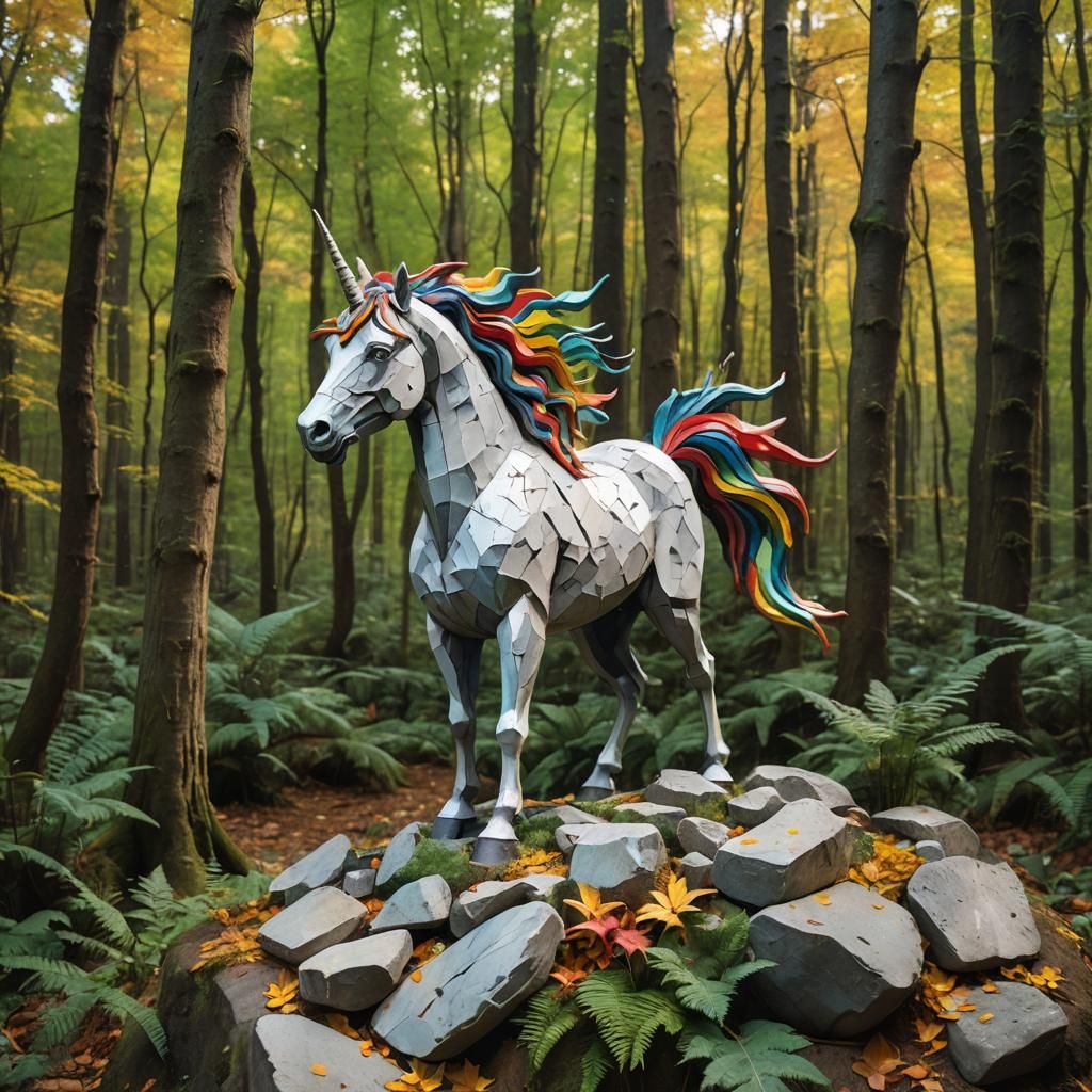 Happy Unicorn Sculpture in Forest: Hyperrealistic Splash Art
