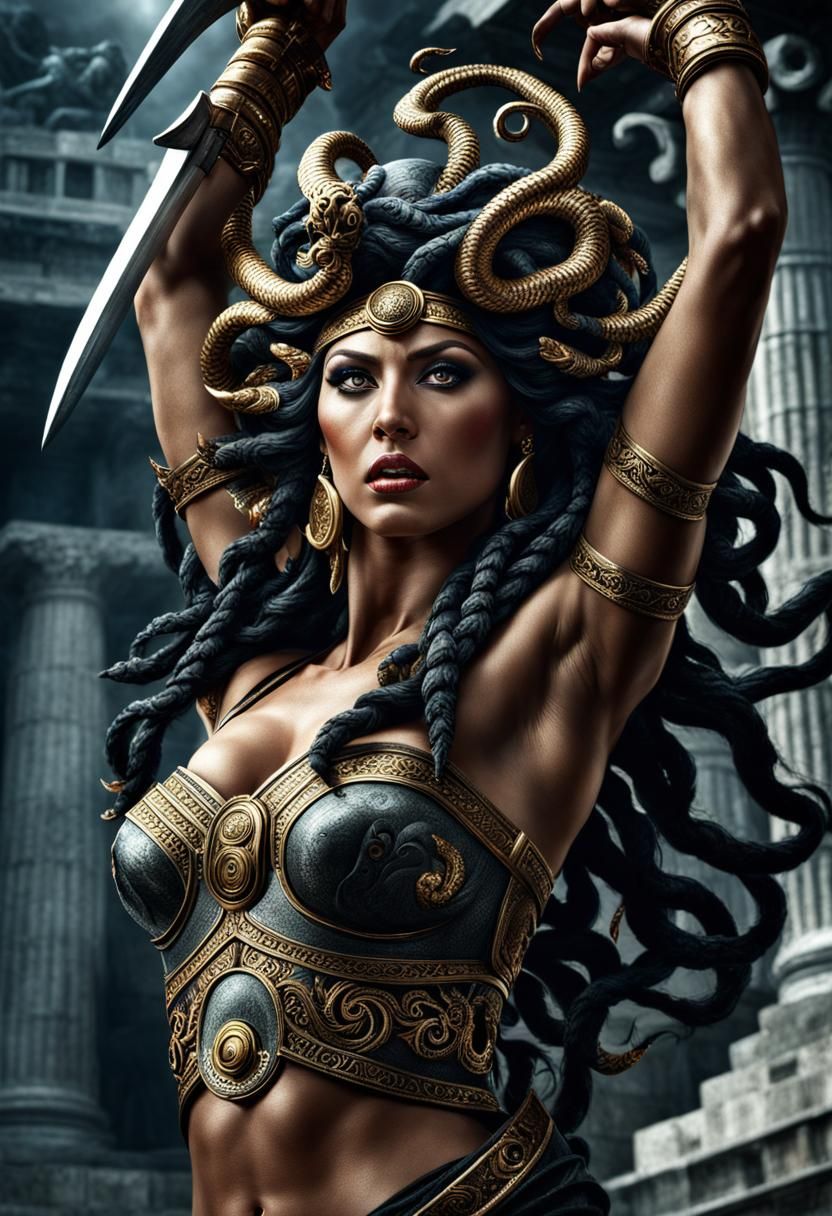 Medusa armored up for battle with Perseus