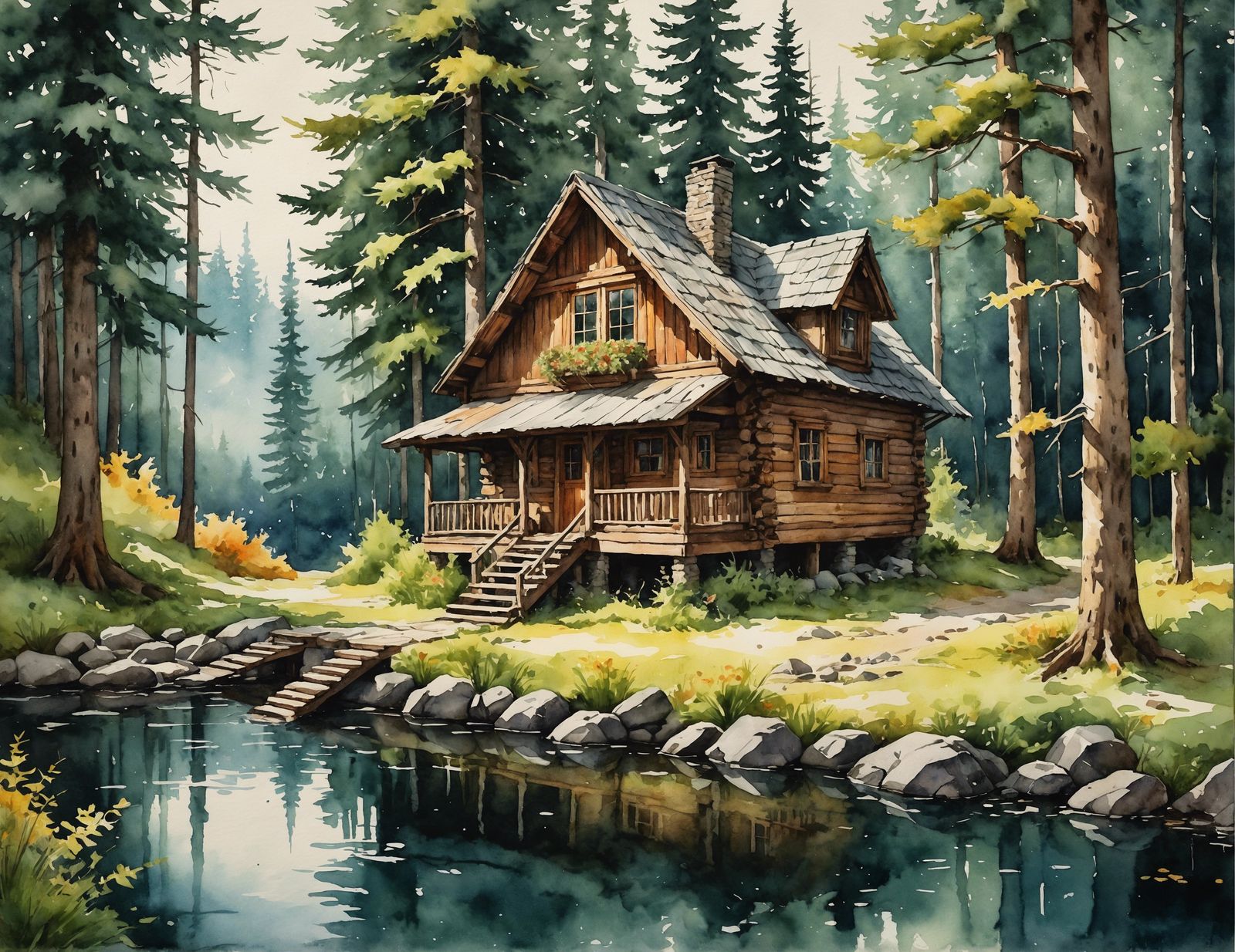 Watercolor Cabin in the Woods Illustration