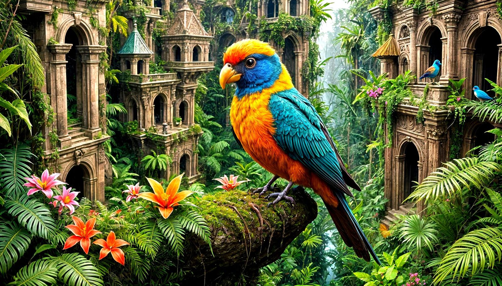 Lush Jungle Ruins with Giant Bird: Hyperrealistic Detail