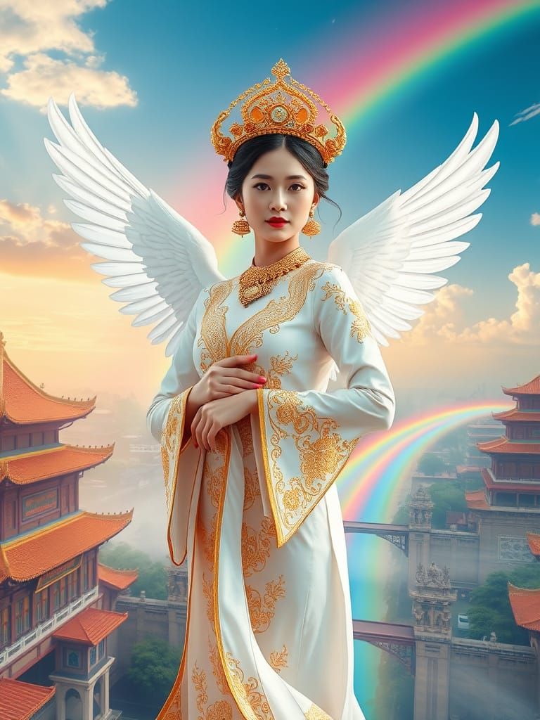 Vietnamese Goddess of the Rainbow in Traditional Ao Dai with...