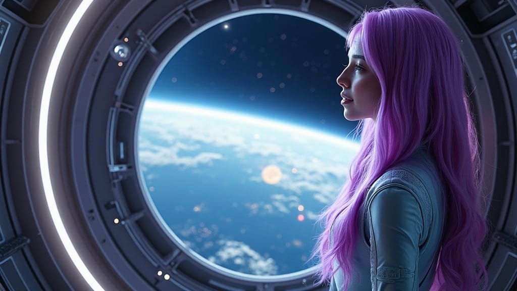 Cinematic Space Explorer in Vibrant Purple and Aqua Space Su...