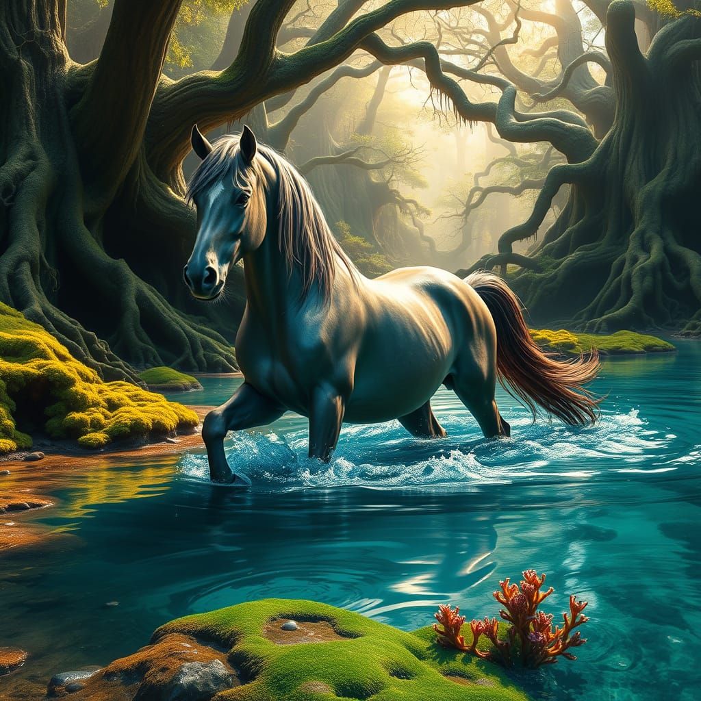 Majestic Horse in Crystal Clear Tide Pool Amidst Enchanted F...