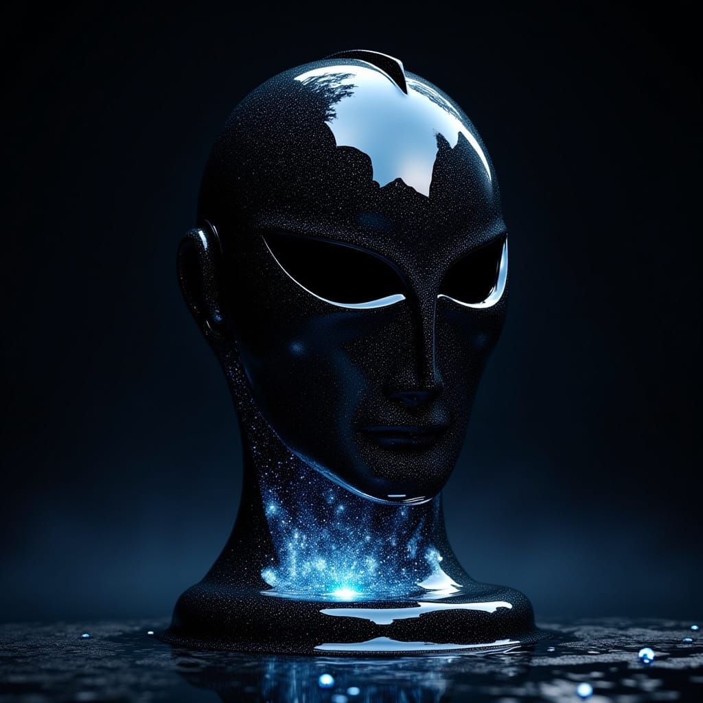 Obsidian Knight Helmet Reflecting Starry Night Sky