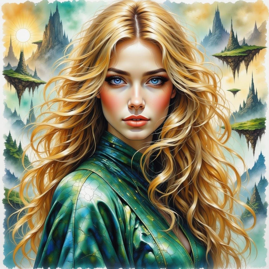 Surreal Woman with Flowing Ink Textures as Ink-and-Watercolo...