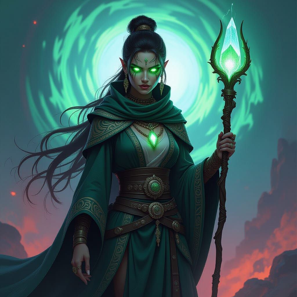 Brooding Sorceress in Arcane Vortex, Digital Art