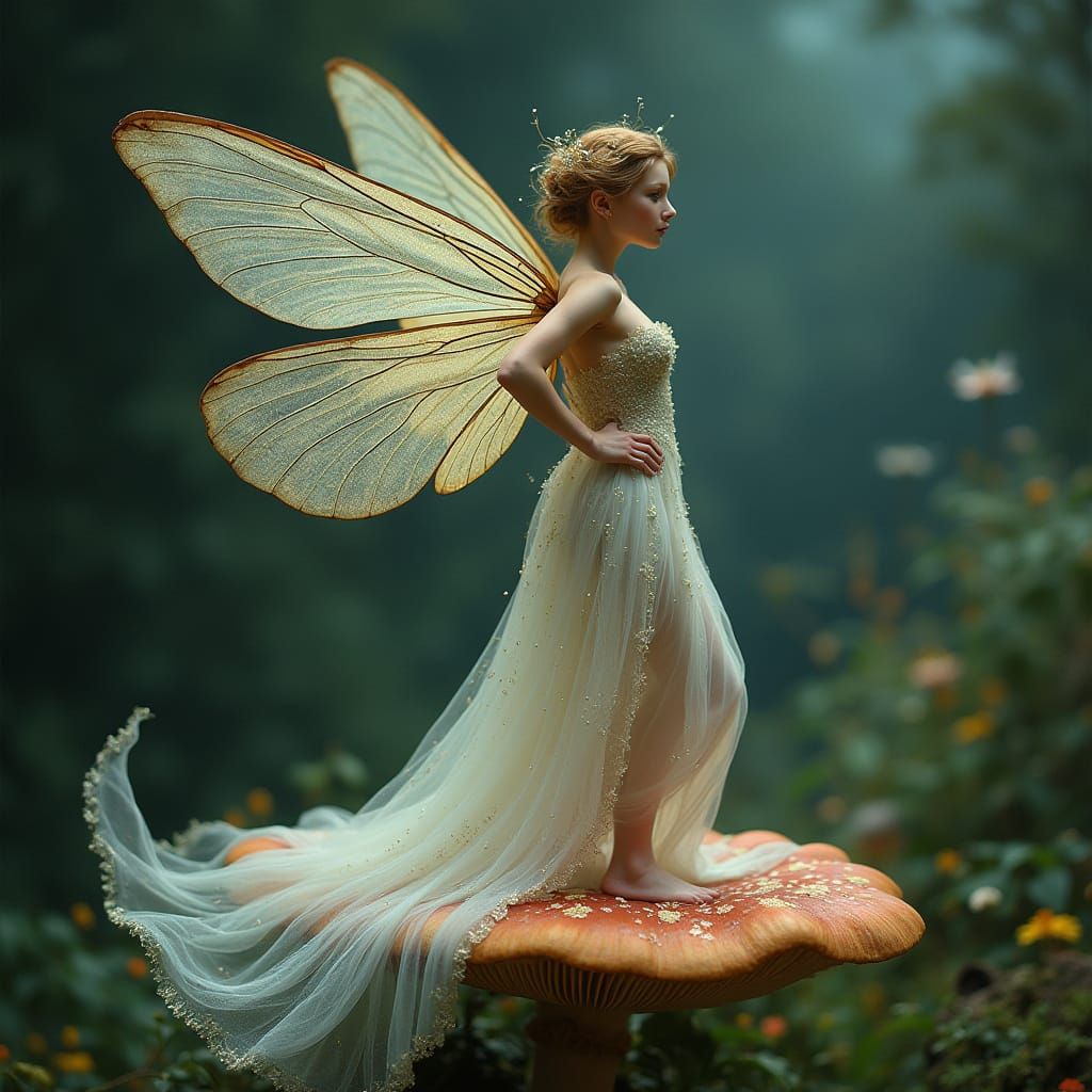 Ethereal Fairy on Mushroom, Art Nouveau Style