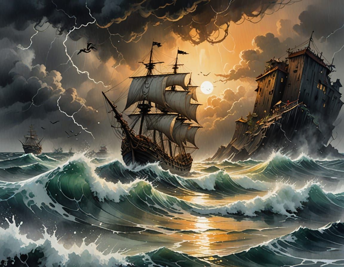 Pirate Galleon vs Kraken: Digital Matte Painting