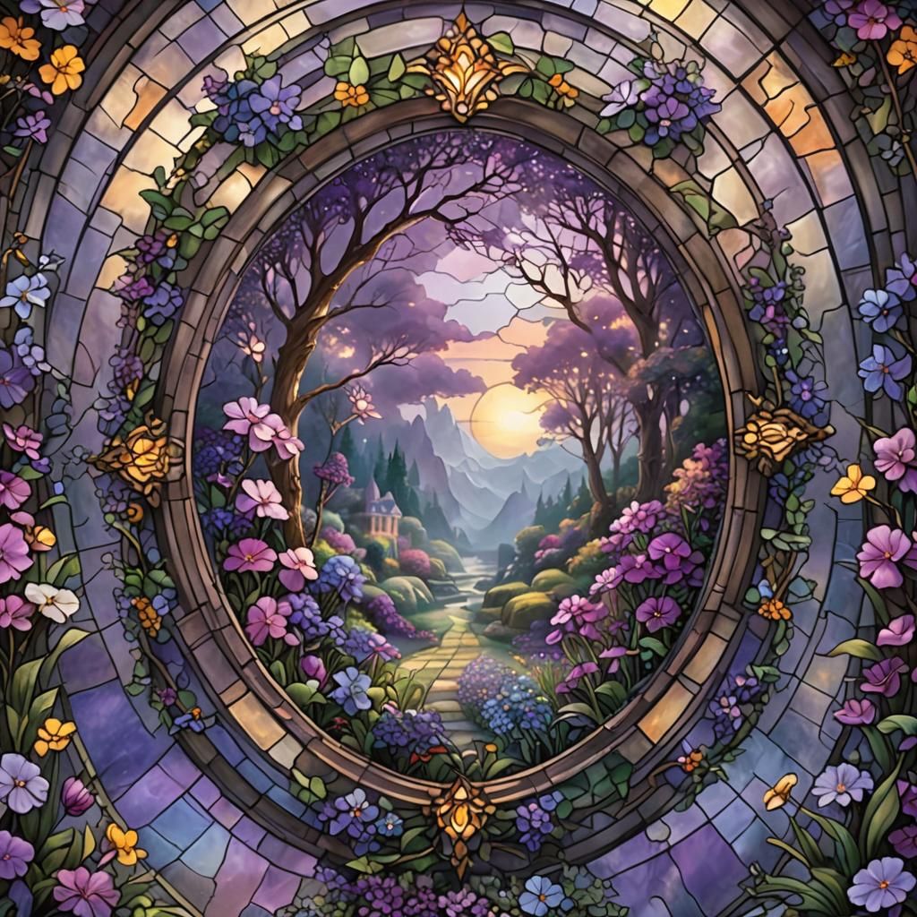 Purple Aubrieta Flower in Stained Glass Oval