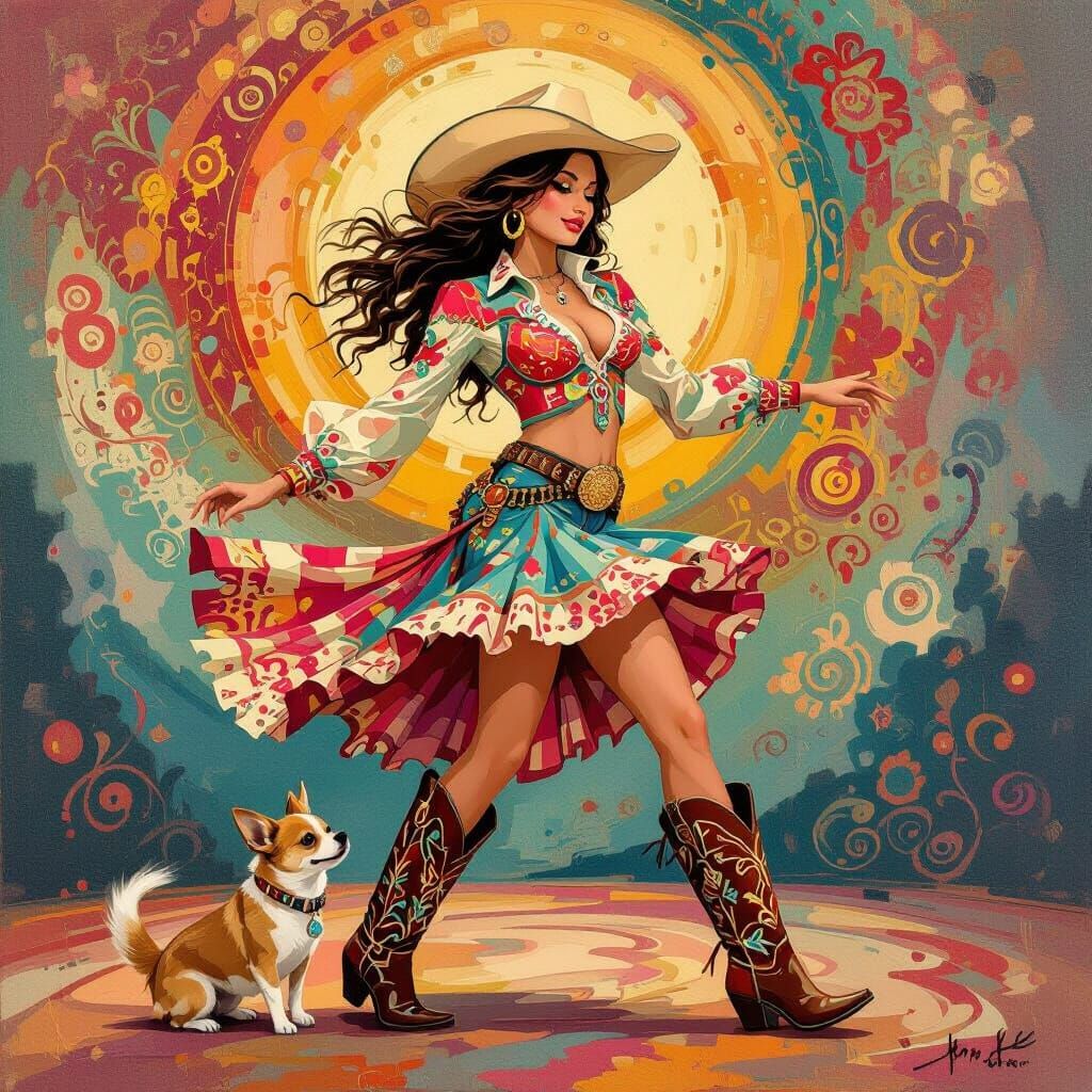 Cowgirl Line Dancing with Chihuahua, Lowbrow Art