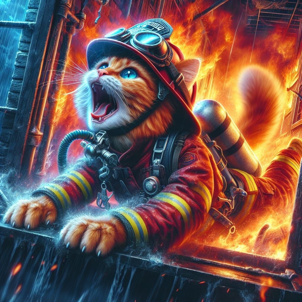 Ginger Cat Firefighter Gasping for Air in Burning Building