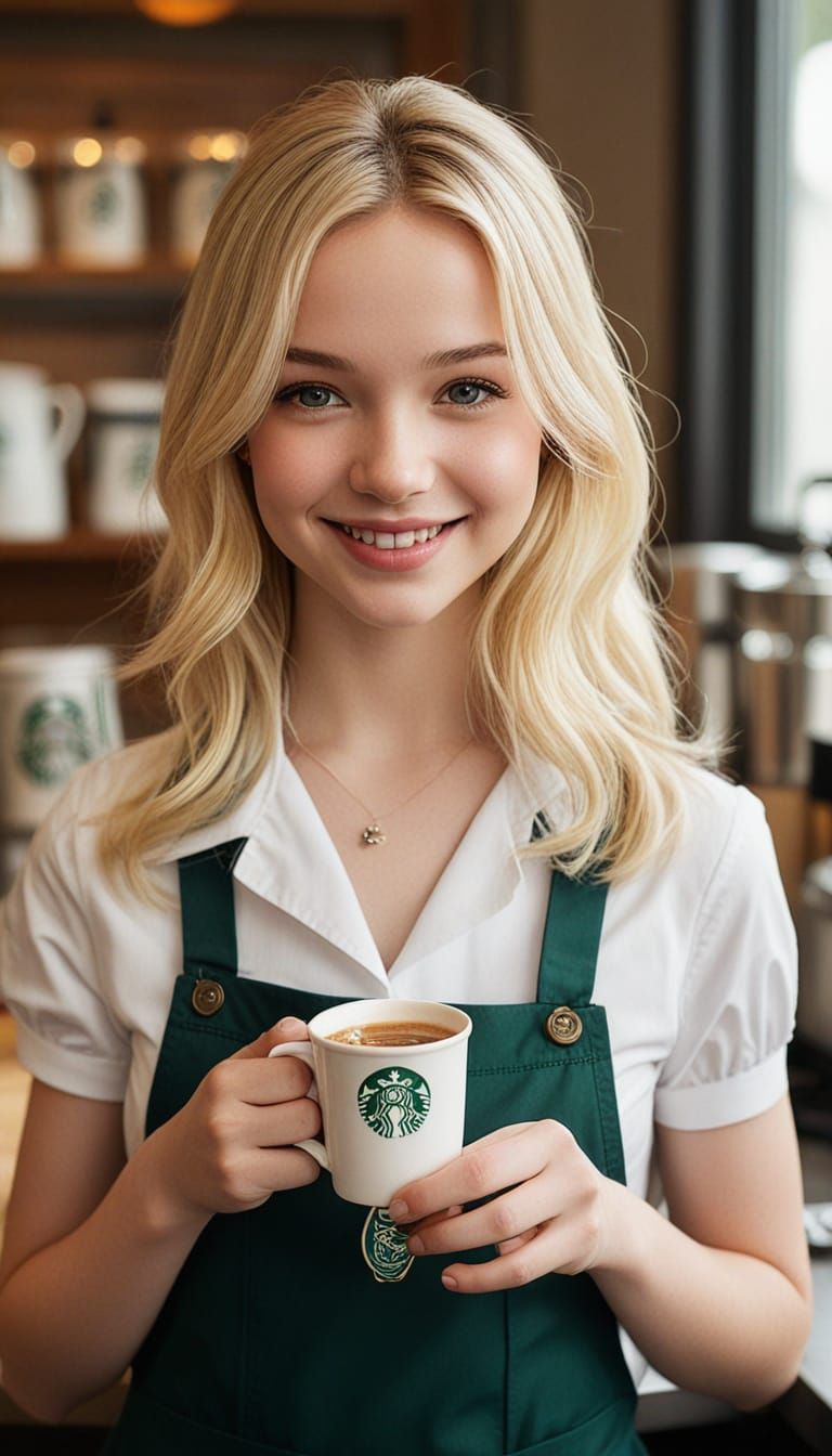 Starbucks Waitress in Soft Focus, Pouring Coffee with a Capt...