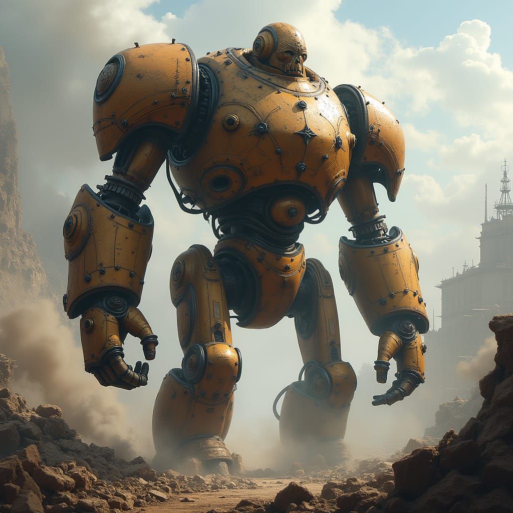 Steam Automaton Surveys Battle Aftermath in Steampunk Art