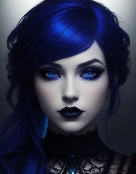 Beautiful gothic young lady with cobalt blue hair and blue eyes with black eyeshadow with blue eyeliner and black lipsti...