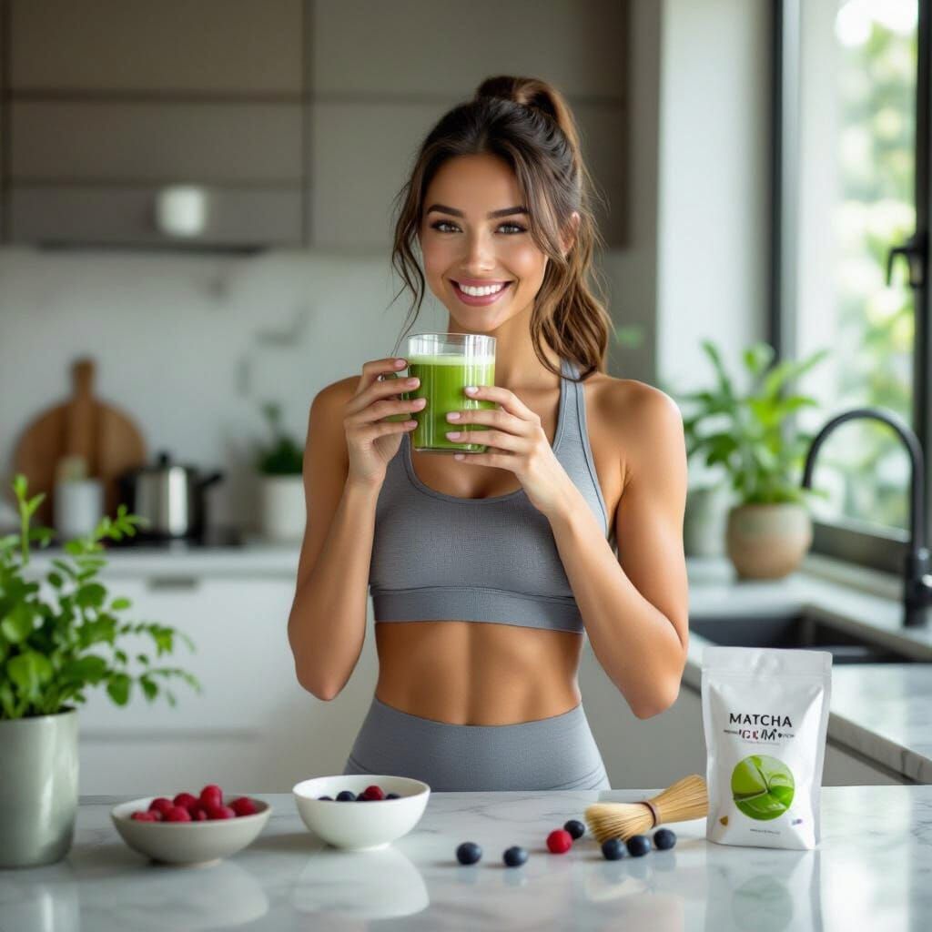 Radiant Woman in Minimalist Kitchen, Photorealistic Style