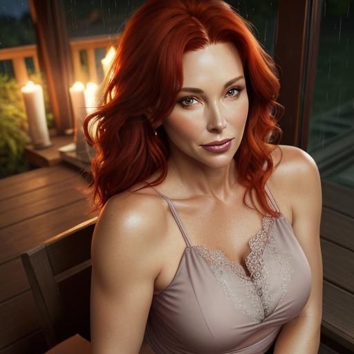 Beautiful Woman on Porch in Rain, Hyperrealistic