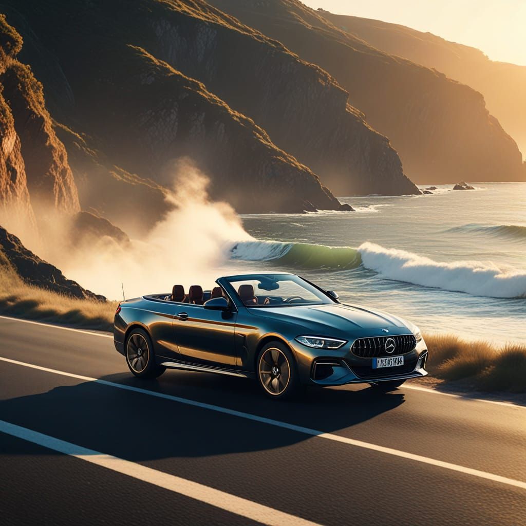 Convertible Car on Coastal Road in Golden Hour