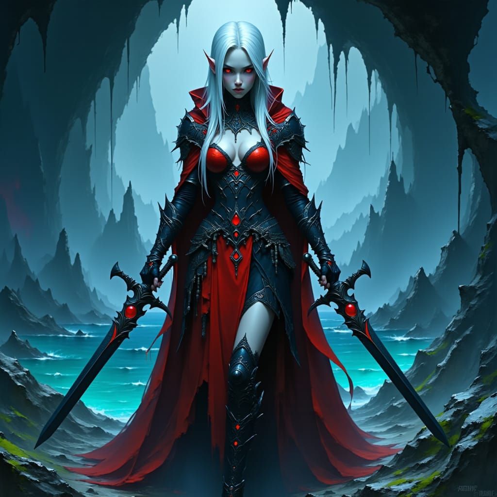 Drow Priestess in Red Armor Stands Against Underground Sea