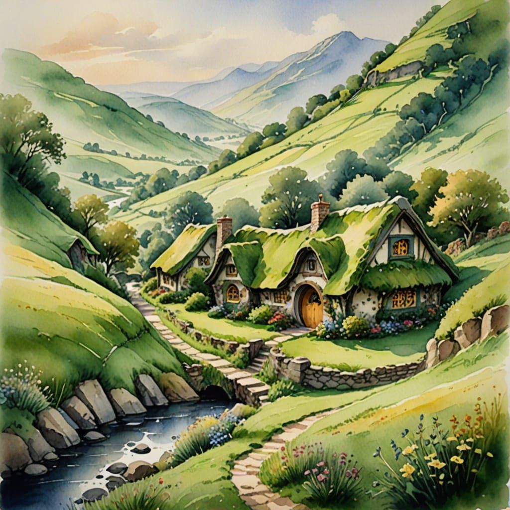 Charming Hobbit Village Under Hills as Romantic Watercolor