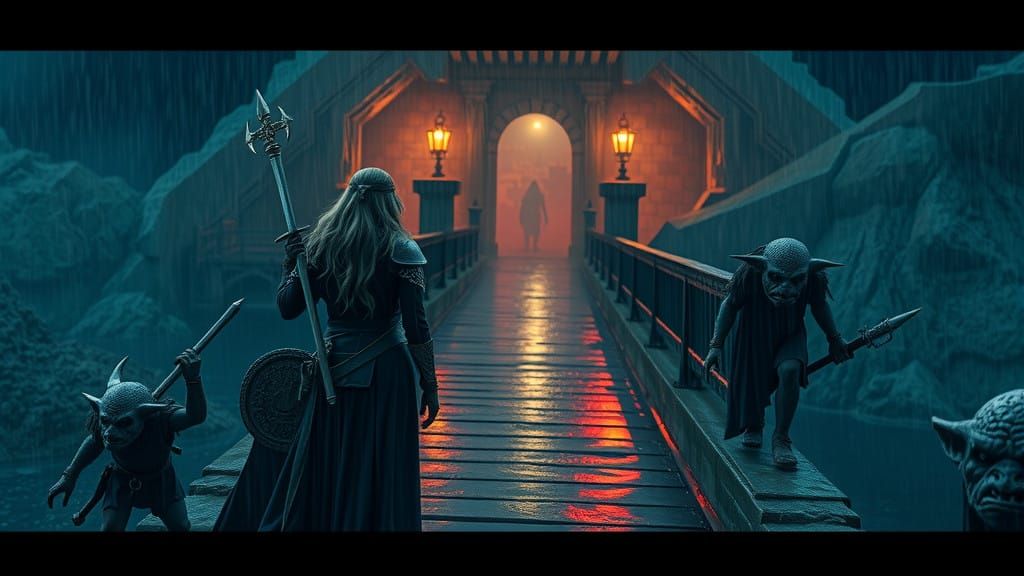 Angel Warrior Guards Bridge from Goblin Horde in Stormy Cine...