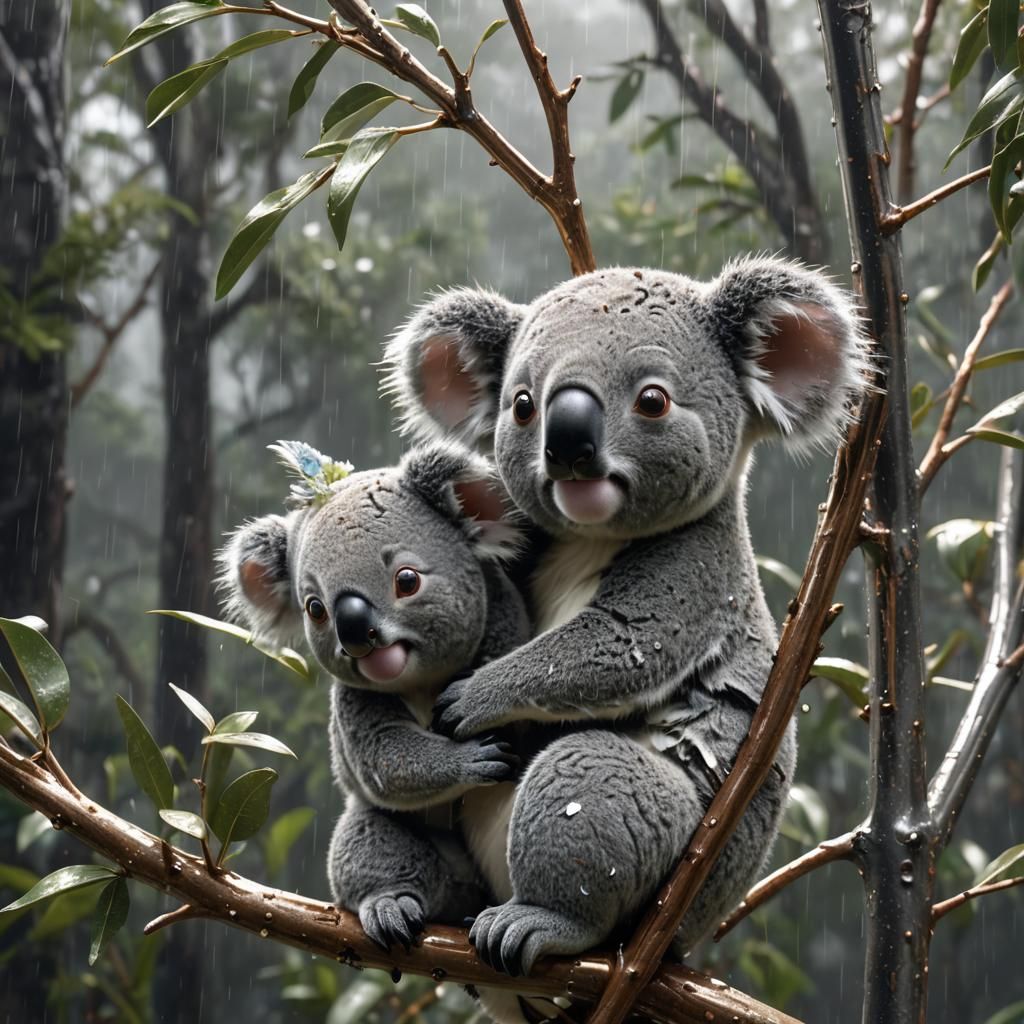 Cute 3D Koala with Baby in Rain
