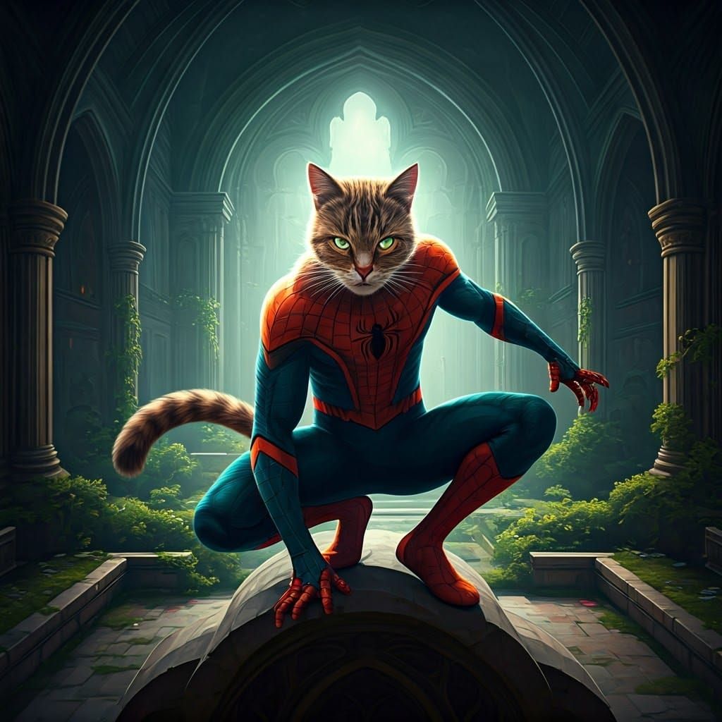 Whiskered Feline Superhero Perched on Ancient Cityscape