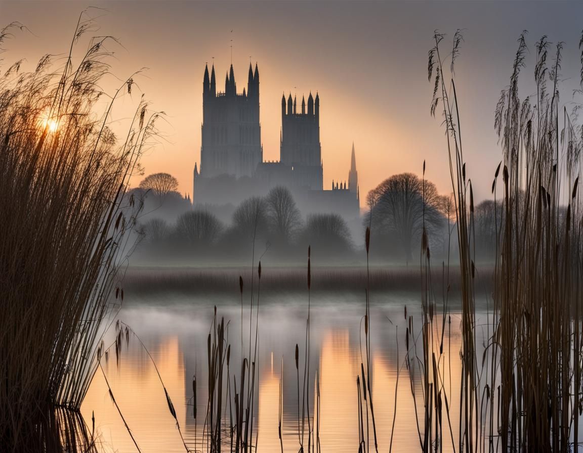 Ely Cathedral at Dawn: Photorealistic Riverside View