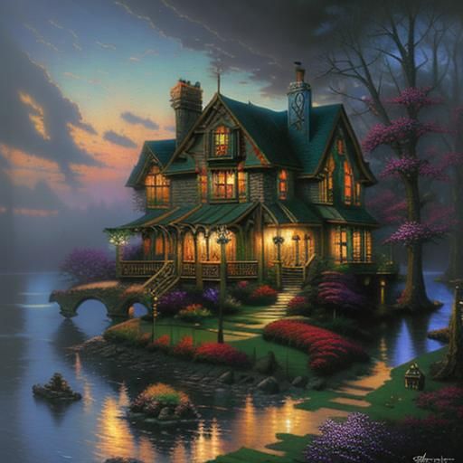 Whimsical Dreamscapes in Thomas Kinkade's Surrealist Style