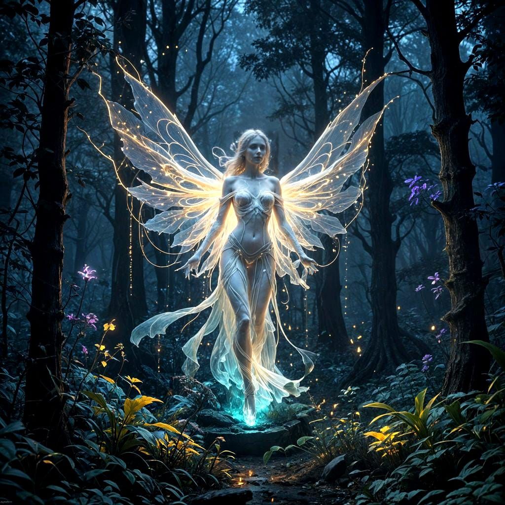 Ethereal Ghostly Spectral Outline in Bioluminescent Forest