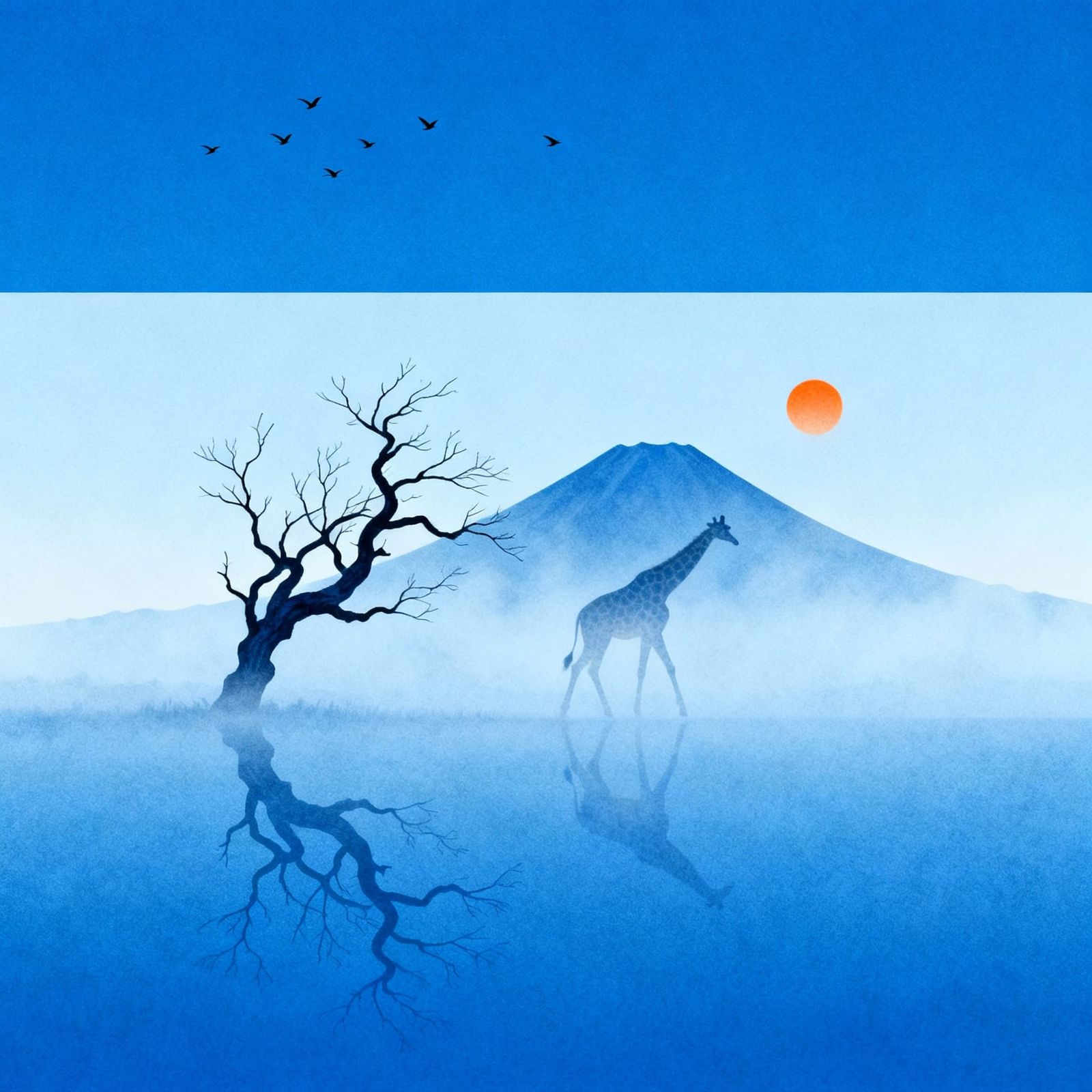 Surreal Reflection of a Crooked Tree with Giraffe in Deep Bl...