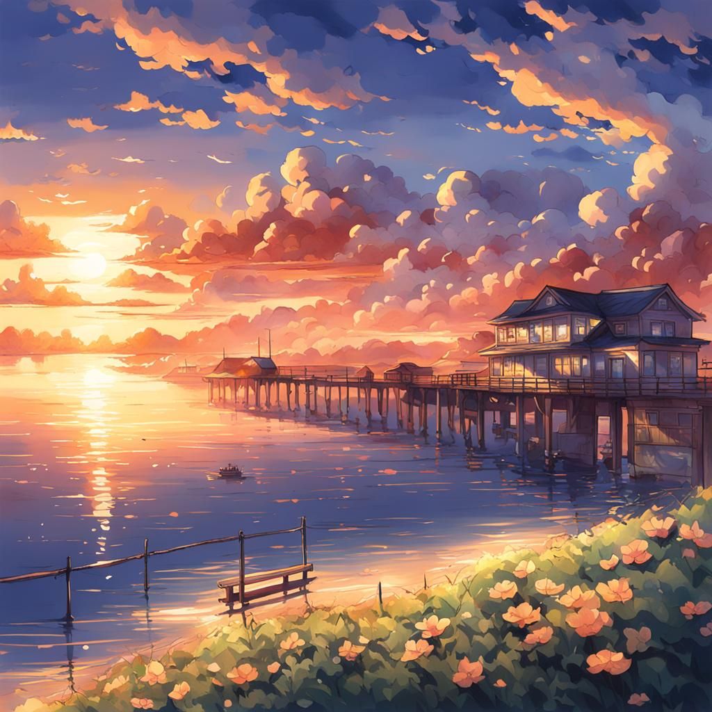 Anime Sunset Over Bay: Japanese Manga Style