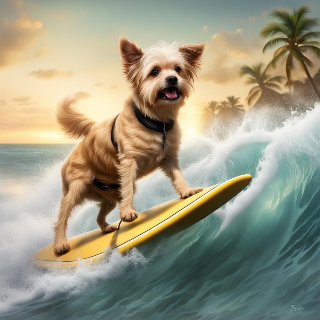 Dog Riding Surfboard in Digital Art Style