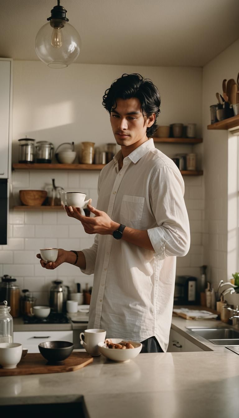 Cinematic Young Man with Tea in Kitchen